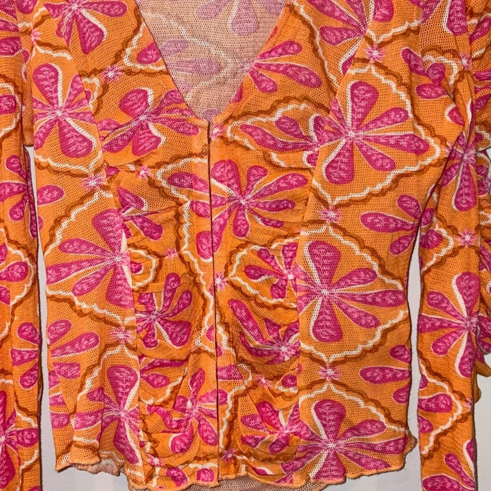 Free People NEW Through the Meadow Mesh Ruched Sleeve Top Size Small Orange/Pink